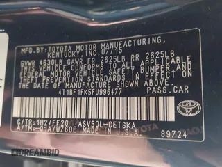 2015 Toyota Camry XLE with VIN 4T1BF1FK5FU996477, listed as a IAAI auction lot 42051830 with 102,226 mi miles. Bid and sale history available at carsss.com. Image 9.