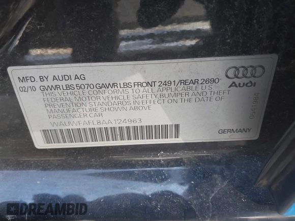 2010 Audi A4 2.0T Premium Plus with VIN WAUWFAFL8AA124963, listed as a IAAI auction lot 41405032 with 180,364 mi miles. Bid and sale history available at carsss.com. Image 9.
