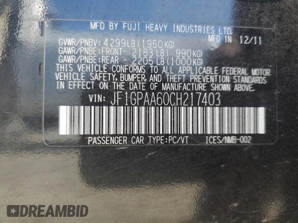 2012 Subaru Impreza 2.0i с VIN JF1GPAA60CH217403, выставлен на аукционе Copart как лот 51584595 с пробегом 133 955 миль миль и Списание • Salvage title. История ставок и продаж доступна на DreamBid. Изображение 12.