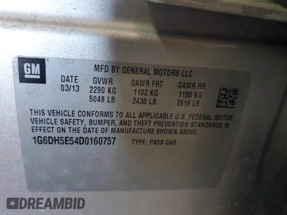2013 Cadillac CTS Luxury with VIN 1G6DH5E54D0160757, listed as a Copart auction lot 41829175 with 83,760 mi miles and Salvage title. Bid and sale history available at DreamBid. Image 12.