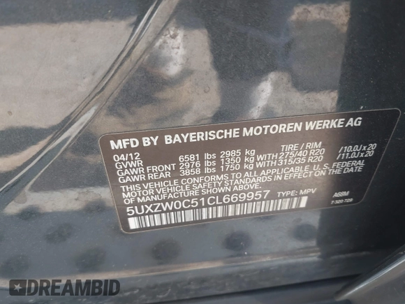 2012 BMW X5 35d with VIN 5UXZW0C51CL669957, listed as a IAAI auction lot 42230292 with 102,305 mi miles and . Bid and sale history available at DreamBid. Image 9.