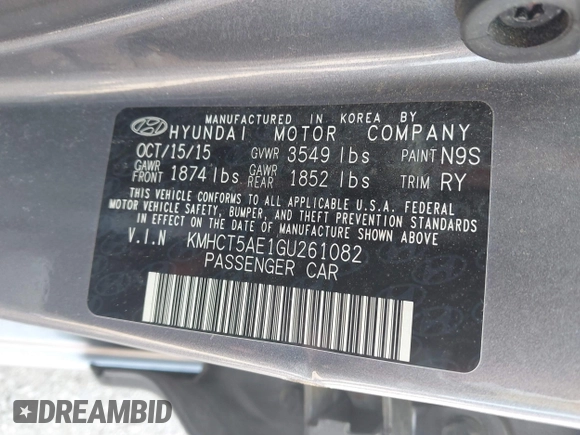 2016 Hyundai Accent SE z VIN KMHCT5AE1GU261082, wystawiony jako IAAI lot #42441435 z przebiegiem 217 219 mil mil oraz . Historia ofert i sprzedaży dostępna na DreamBid. Obrazek 9.