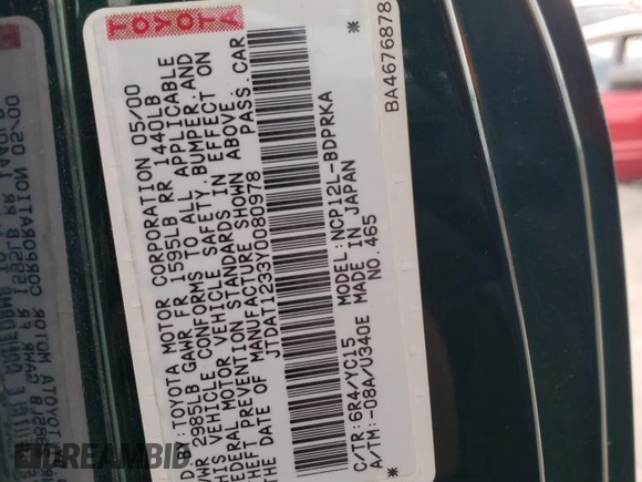 2000 Toyota ECHO with VIN JTDAT1233Y0080978, listed as a Copart auction lot 81164804 with 80,335 mi miles and Salvage Title. Bid and sale history available at DreamBid. Image 14.