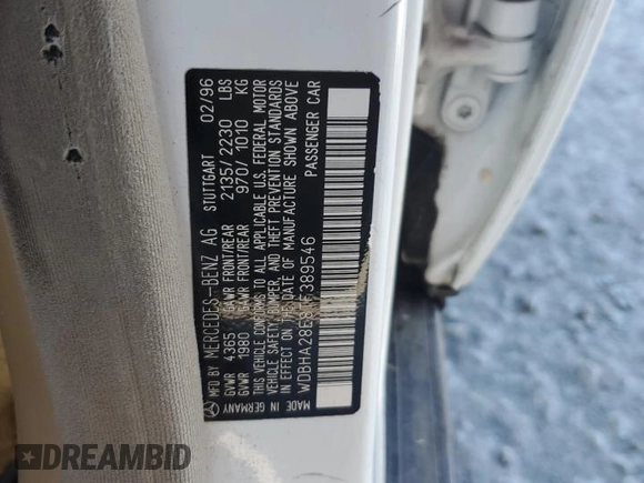 1996 Mercedes-Benz C with VIN WDBHA28E8TF389546, listed as a Copart auction lot 86340144 with 314,364 mi miles and Salvage Title. Bid and sale history available at carsss.com. Image 12.