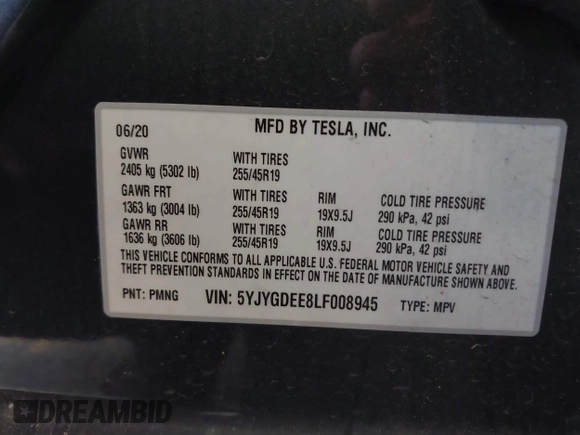 2020 Tesla Model Y Long Range z VIN 5YJYGDEE8LF008945, wystawiony jako IAAI lot #41185905 z przebiegiem 31 916 mil mil oraz . Historia ofert i sprzedaży dostępna na DreamBid. Obrazek 9.