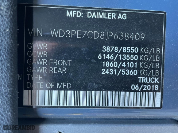 2018 Mercedes-Benz Sprinter Cargo Van Worker with VIN WD3PE7CD8JP638409, listed as a Copart auction lot 42060235 with 63,871 mi miles and Clean Title. Bid and sale history available at carsss.com. Image 10.