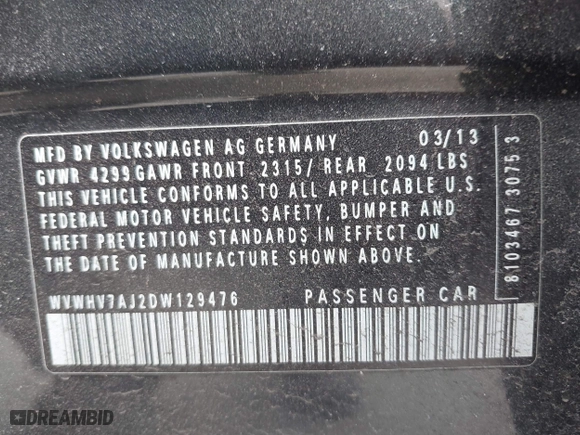 2013 Volkswagen GTI with VIN WVWHV7AJ2DW129476, listed as a IAAI auction lot 41716090 with 132,996 mi miles. Bid and sale history available at carsss.com. Image 9.