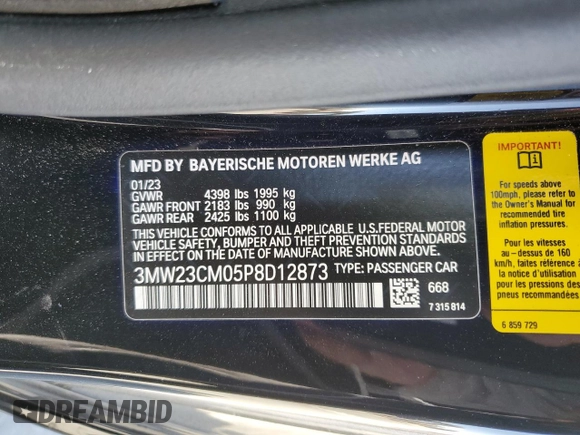 2023 BMW 2 Series 230i with VIN 3MW23CM05P8D12873, listed as a Copart auction lot 71322464 with 24,454 mi miles and Salvage Title. Bid and sale history available at carsss.com. Image 14.