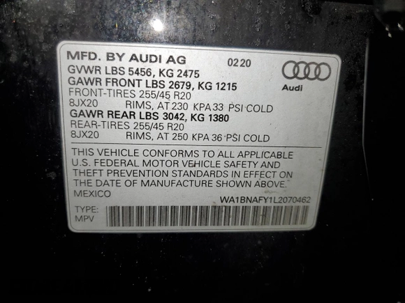 2020 Audi Q5 Premium Plus with VIN WA1BNAFY1L2070462, listed as a Copart auction lot 46862725 with 94,230 mi miles and Clean Title. Bid and sale history available at carsss.com. Image 13.