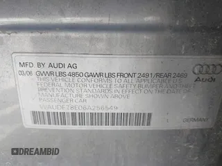 2006 Audi A4 2.0T with VIN WAUDF78E06A256549, listed as a IAAI auction lot 42072431 with 188,805 mi miles. Bid and sale history available at carsss.com. Image 9.
