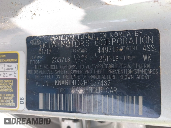 2017 Kia Optima LX z VIN KNAGT4L32H5157432, wystawiony jako IAAI lot #42154009 z przebiegiem 83 496 mil mil oraz . Historia ofert i sprzedaży dostępna na DreamBid. Obrazek 9.