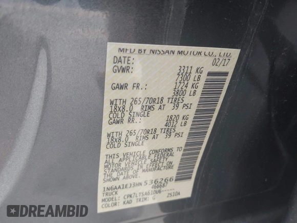 2017 Nissan Titan SV z VIN 1N6AA1EJ3HN536266, wystawiony jako IAAI lot #41915308 z przebiegiem 111 472 mil mil oraz . Historia ofert i sprzedaży dostępna na DreamBid. Obrazek 9.
