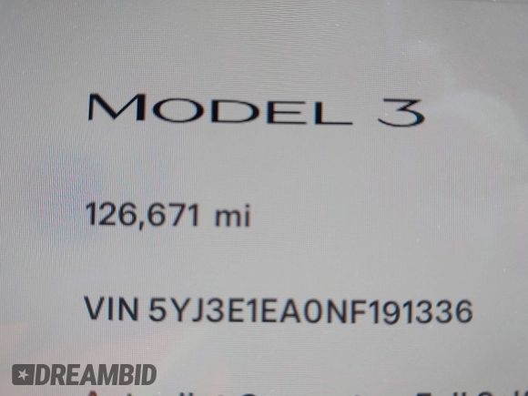 2022 Tesla Model 3 with VIN 5YJ3E1EA0NF191336, listed as a IAAI auction lot 41600441 with 126,671 mi miles and . Bid and sale history available at DreamBid. Image 14.