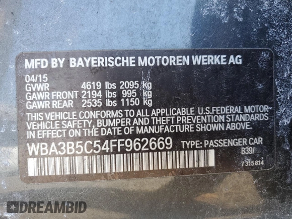 2015 BMW 3 Series 328i xDrive with VIN WBA3B5C54FF962669, listed as a Copart auction lot 48249405 with 0 mi miles and Salvage Title. Bid and sale history available at carsss.com. Image 12.