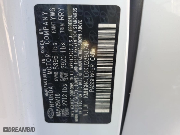 2019 Genesis G80 3.8L with VIN KMHGN4JE0KU289874, listed as a Copart auction lot 86880594 with 0 mi miles and Salvage Title. Bid and sale history available at carsss.com. Image 14.