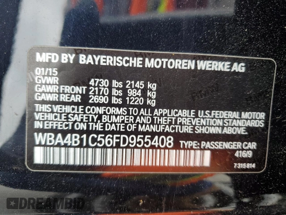 2015 BMW 4 Series 435i with VIN WBA4B1C56FD955408, listed as a Copart auction lot 57146495 with 81,258 mi miles and Salvage title. Bid and sale history available at DreamBid. Image 12.