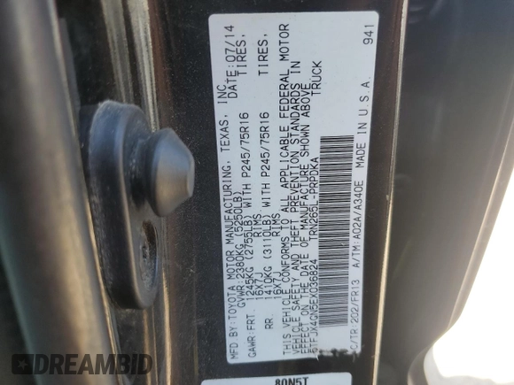 2014 Toyota Tacoma PreRunner with VIN 5TFJX4GN5EX036824, listed as a Copart auction lot 53106185 with 166,843 mi miles and Salvage title. Bid and sale history available at DreamBid. Image 12.