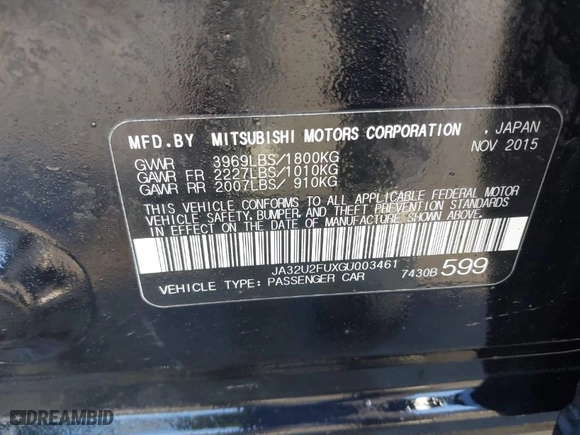 2016 Mitsubishi Lancer ES with VIN JA32U2FUXGU003461, listed as a IAAI auction lot 41804879 with 147,036 mi miles. Bid and sale history available at carsss.com. Image 9.