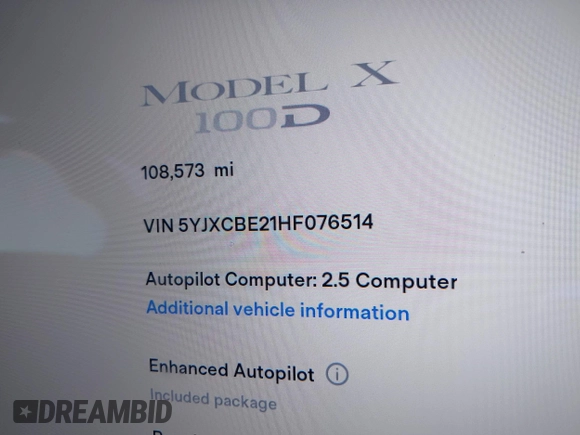 2017 Tesla Model X 90D z VIN 5YJXCBE21HF076514, wystawiony jako IAAI lot #41559020 z przebiegiem 108 573 mil mil oraz . Historia ofert i sprzedaży dostępna na DreamBid. Obrazek 15.