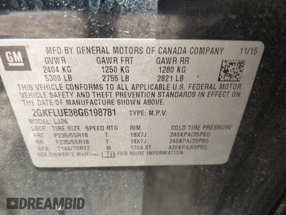 2016 GMC Terrain SLT z VIN 2GKFLUE38G6198781, wystawiony jako IAAI lot #42334983 z przebiegiem 79 692 mil mil oraz . Historia ofert i sprzedaży dostępna na DreamBid. Obrazek 9.