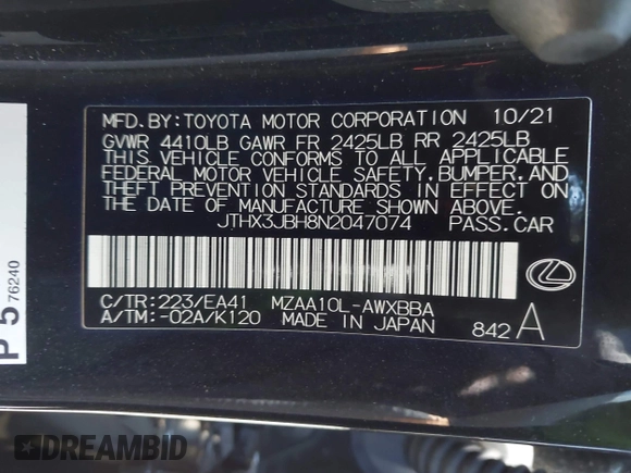 2022 Lexus UX 200 with VIN JTHX3JBH8N2047074, listed as a IAAI auction lot 42665051 with 27,249 mi miles and . Bid and sale history available at DreamBid. Image 9.