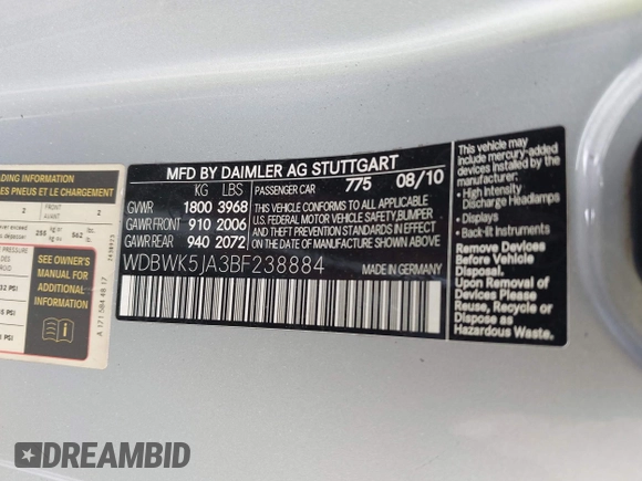 2011 Mercedes-Benz SLK with VIN WDBWK5JA3BF238884, listed as a IAAI auction lot 42092753 with 94,744 mi miles and . Bid and sale history available at DreamBid. Image 9.