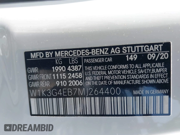 2021 Mercedes-Benz A 220 with VIN W1K3G4EB7MJ264400, listed as a IAAI auction lot 42386429 with 48,119 mi miles and . Bid and sale history available at DreamBid. Image 9.