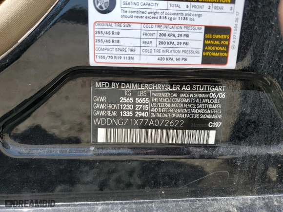 2007 Mercedes-Benz S-Class 5.5L V8 with VIN WDDNG71X77A072622, listed as a Copart auction lot 50171245 with 166,674 mi miles and Salvage Title. Bid and sale history available at carsss.com. Image 13.