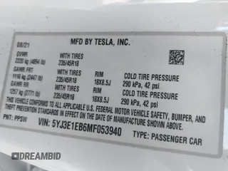 2021 Tesla Model 3 Long Range with VIN 5YJ3E1EB6MF053940, listed as a IAAI auction lot 41344978 with 38,544 mi miles and . Bid and sale history available at DreamBid. Image 9.