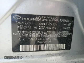 2014 Hyundai Sonata SE with VIN 5NPEC4AC4EH897489, listed as a Copart auction lot 49184125 with 95,840 mi miles and Salvage Title. Bid and sale history available at DreamBid. Image 14.