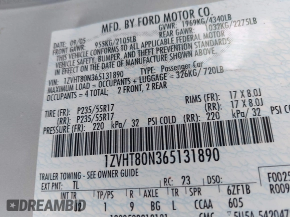 2006 Ford Mustang Standard с VIN 1ZVHT80N365131890, выставлен на аукционе IAAI как лот 42291926 с пробегом 199 403 миль миль и . История ставок и продаж доступна на DreamBid. Изображение 9.