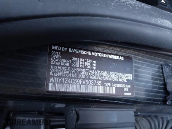 2015 BMW i3 with VIN WBY1Z4C59FV503755, listed as a IAAI auction lot 41303560 with Not provided miles and . Bid and sale history available at DreamBid. Image 9.