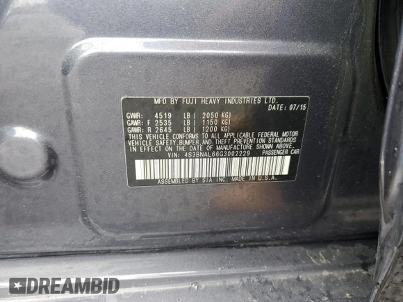 2016 Subaru Legacy Limited with VIN 4S3BNAL66G3002229, listed as a Copart auction lot 57109075 with 81,606 mi miles and Salvage title. Bid and sale history available at DreamBid. Image 13.