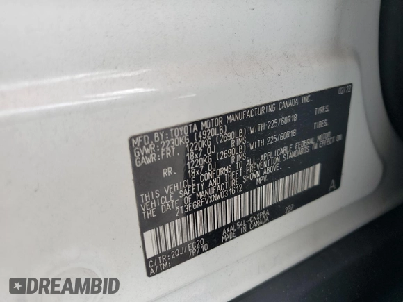 2022 Toyota RAV4 Hybrid XSE with VIN 2T3E6RFVXNW031612, listed as a Copart auction lot 60544055 with 99,831 mi miles and Salvage title. Bid and sale history available at DreamBid. Image 13.