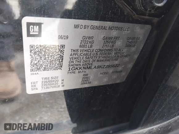 2019 GMC Acadia SLT с VIN 1GKKNMLA8KZ285622, выставлен на аукционе IAAI как лот 42269627 с пробегом 84 753 миль миль и . История ставок и продаж доступна на DreamBid. Изображение 9.