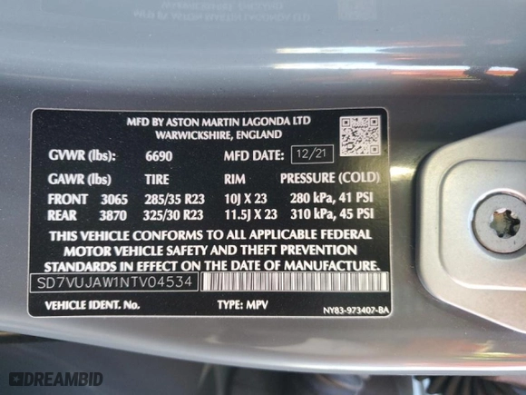 2022 Aston Martin DBX with VIN SD7VUJAW1NTV04534, listed as a Copart auction lot 87969325 with 17,373 mi miles and Salvage Title. Bid and sale history available at carsss.com. Image 14.