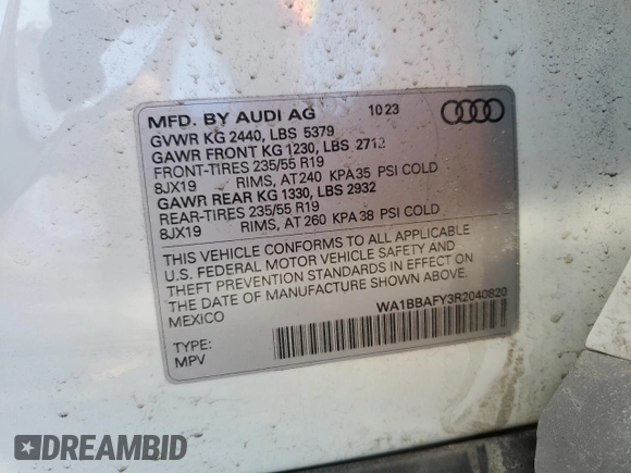 2024 Audi Q5 Premium Plus with VIN WA1BBAFY3R2040820, listed as a Copart auction lot 88948035 with 13,408 mi miles and Salvage title. Bid and sale history available at DreamBid. Image 13.