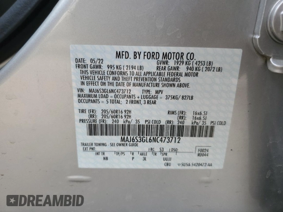 2022 Ford EcoSport SE z VIN MAJ6S3GL6NC473712, wystawiony jako Copart lot #43293263 z przebiegiem 2291 mil mil oraz Szkody całkowita. Historia ofert i sprzedaży dostępna na DreamBid. Obrazek 14.