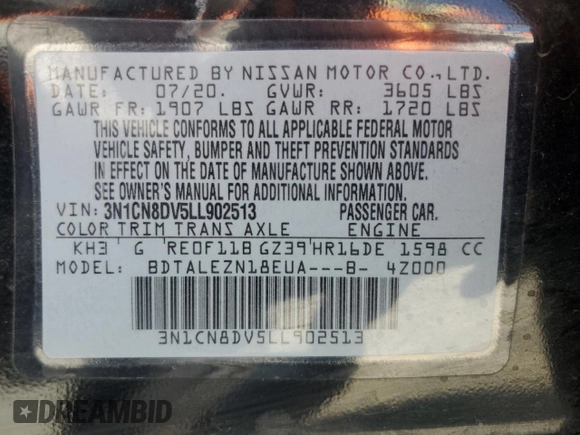 2020 Nissan Versa S with VIN 3N1CN8DV5LL902513, listed as a Copart auction lot 61497915 with 79,833 mi miles and Salvage title. Bid and sale history available at DreamBid. Image 12.