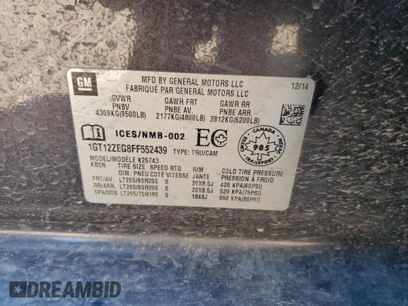 2015 GMC Sierra 2500HD SLT with VIN 1GT12ZEG8FF552439, listed as a Copart auction lot 72850724 with 147,888 mi miles and Salvage title. Bid and sale history available at DreamBid. Image 14.