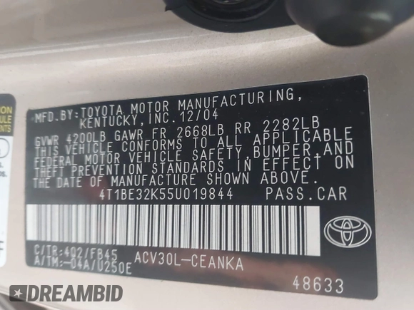 2005 Toyota Camry STD with VIN 4T1BE32K55U019844, listed as a IAAI auction lot 41766436 with 203,251 mi miles and . Bid and sale history available at DreamBid. Image 9.