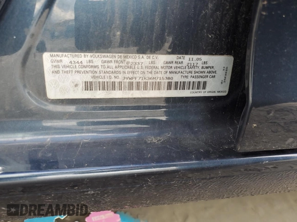 2006 Volkswagen Jetta Value Edition with VIN 3VWPF71K36M715380, listed as a Copart auction lot 55452855 with Not provided miles and Salvage title. Bid and sale history available at DreamBid. Image 12.
