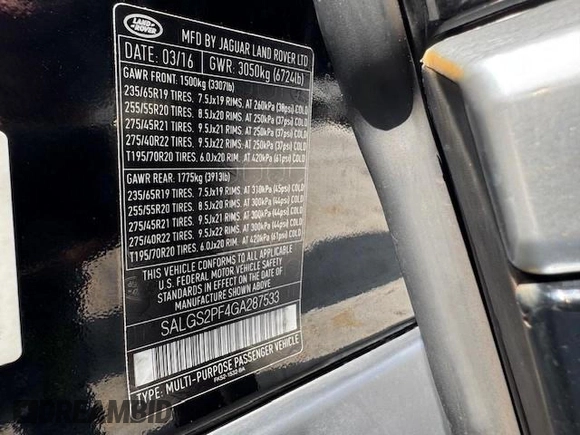 2016 Land Rover Range Rover HSE with VIN SALGS2PF4GA287533, listed as a Copart auction lot 61972305 with 69,081 mi miles and Salvage title. Bid and sale history available at DreamBid. Image 15.