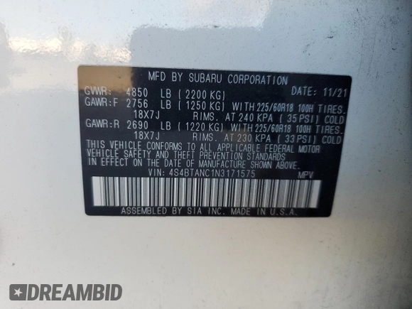 2022 Subaru Outback Limited with VIN 4S4BTANC1N3171575, listed as a Copart auction lot 48205525 with 42,445 mi miles and Salvage Title. Bid and sale history available at DreamBid. Image 14.