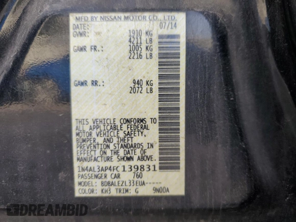 2015 Nissan Altima SV with VIN 1N4AL3AP4FC139831, listed as a Copart auction lot 43218294 with 179,670 mi miles and Salvage Title. Bid and sale history available at DreamBid. Image 12.