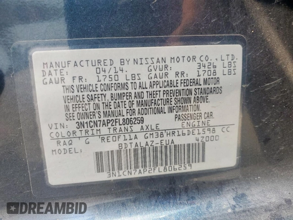 2015 Nissan Versa SV with VIN 3N1CN7AP2FL806259, listed as a Copart auction lot 54741745 with 145,982 mi miles and Salvage title. Bid and sale history available at DreamBid. Image 12.