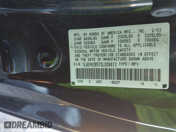 2003 Honda Element EX with VIN 5J6YH28573L009413, listed as a IAAI auction lot 42666517 with 295,697 mi miles and . Bid and sale history available at DreamBid. Image 9.