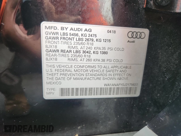 2018 Audi Q5 Premium with VIN WA1ANAFY0J2175633, listed as a Copart auction lot 63984335 with 79,084 mi miles and Salvage title. Bid and sale history available at DreamBid. Image 12.