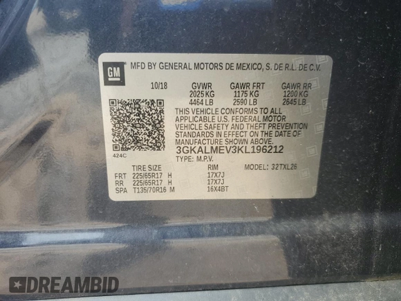 2019 GMC Terrain SLE with VIN 3GKALMEV3KL196212, listed as a Copart auction lot 55538265 with 120,543 mi miles and Salvage title. Bid and sale history available at DreamBid. Image 14.