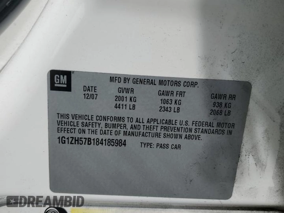 2008 Chevrolet Malibu 1LT with VIN 1G1ZH57B184185984, listed as a Copart auction lot 53894465 with 240,817 mi miles and Salvage Title. Bid and sale history available at DreamBid. Image 12.